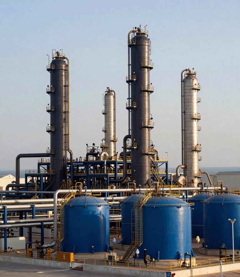 An expansive industrial chemical processing plant featuring dark navy blue piping and professional steel blue tanks. Located in a Middle Eastern / Turkish coastal industrial zone during daylight. Professional architectural photography style.