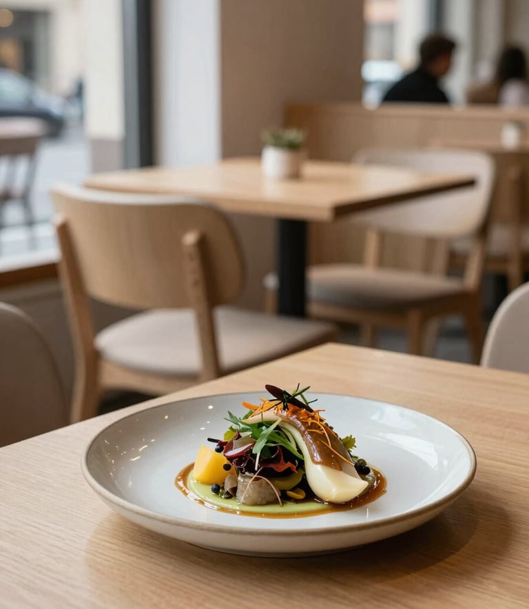 A cozy, Scandinavian-style restaurant interior in a European city, with minimalist light wood furniture, soft natural lighting, and a close-up of a beautifully plated seasonal dish on a matte ceramic plate.