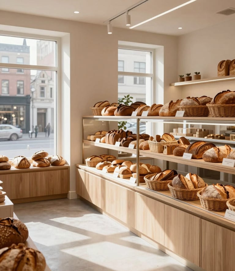 A wide-angle interior shot of a Scandinavian-style artisanal bakery in a North American city. The space features clean lines, light wood furniture, and walls the color of Crisp Parchment. Natural soft morning light streams through windows, highlighting baskets of freshly baked bread. Sophisticated and approachable atmosphere.