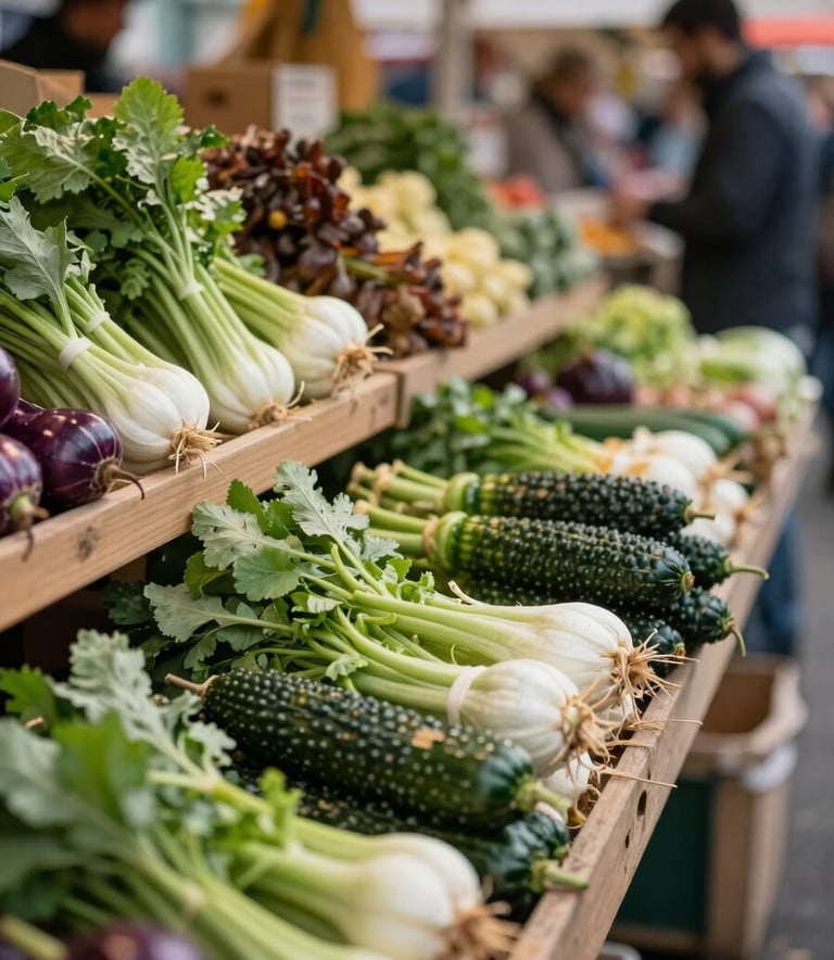 A bustling modern European farmers market stall with vibrant greens and earthy textures, photographed with a shallow depth of field, focusing on the quality of organic vegetables.