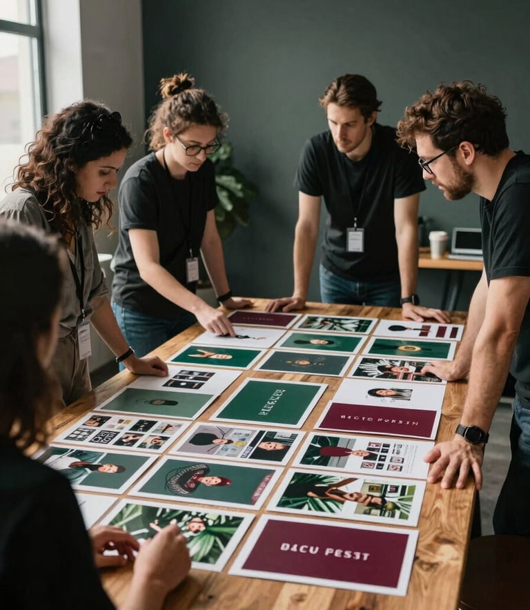 Behind-the-scenes photography in a high-contrast, modern North American marketing studio. A professional creative team is collaborating around a large wooden table, planning a social media campaign with mood boards that feature Matte Forest Green and Deep Ripe Crimson accents. Soft natural light, candid professional atmosphere.