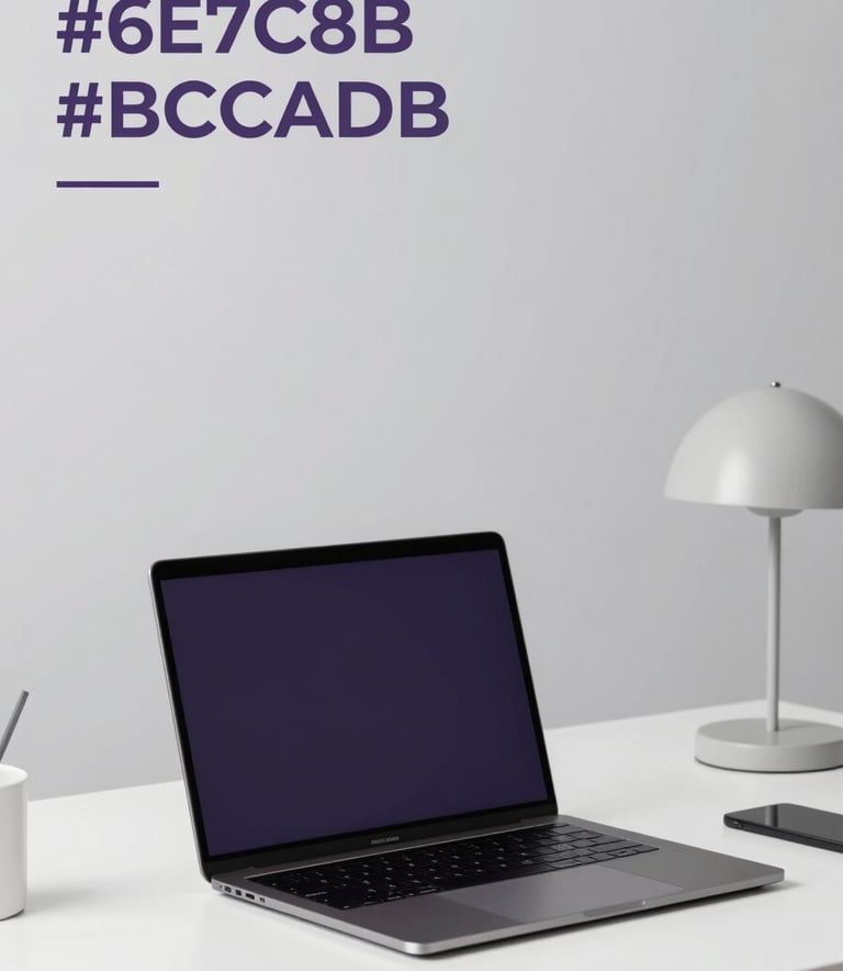 A minimalist workspace featuring a sleek laptop and a minimalist lamp on a clean white desk. The overall mood is modern and organized, using the brand colors #6E7C8B and #BCCAD6 to create a calm, professional atmosphere.