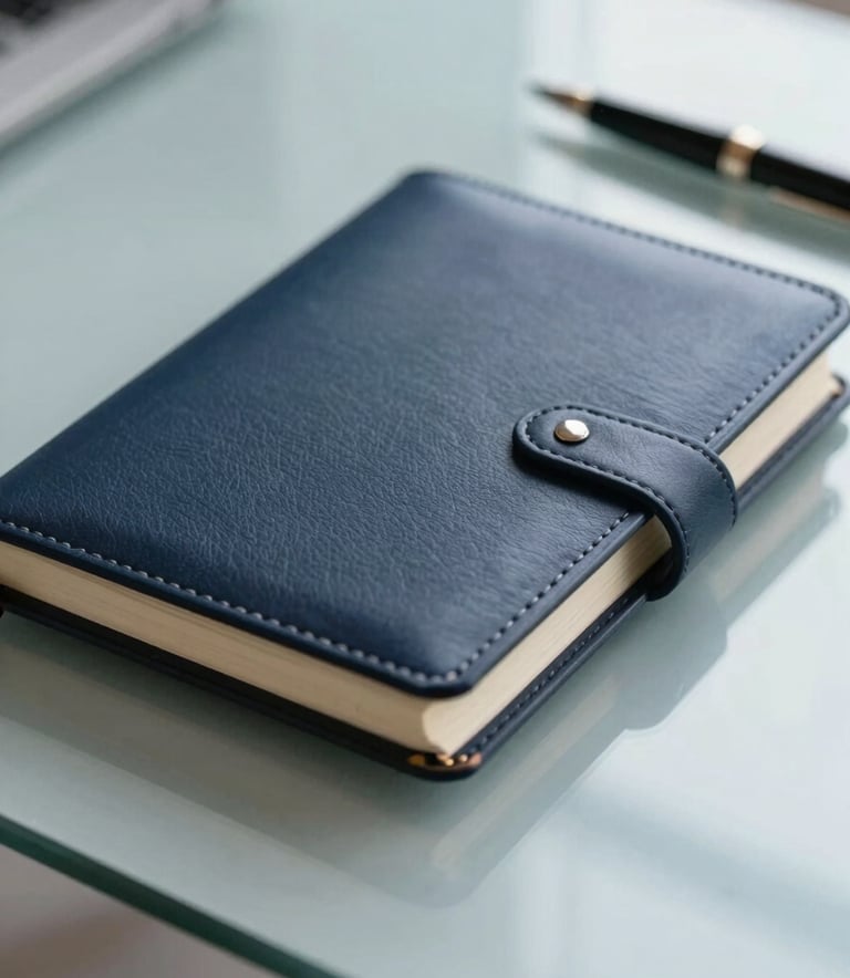 A sophisticated close-up of a high-quality leather notebook and a fountain pen on a glass desk, reflecting a professional and refined aesthetic. The color palette includes deep navy #1A2C3D and light blue-gray #BCCAD6 tones, with soft, natural morning light.
