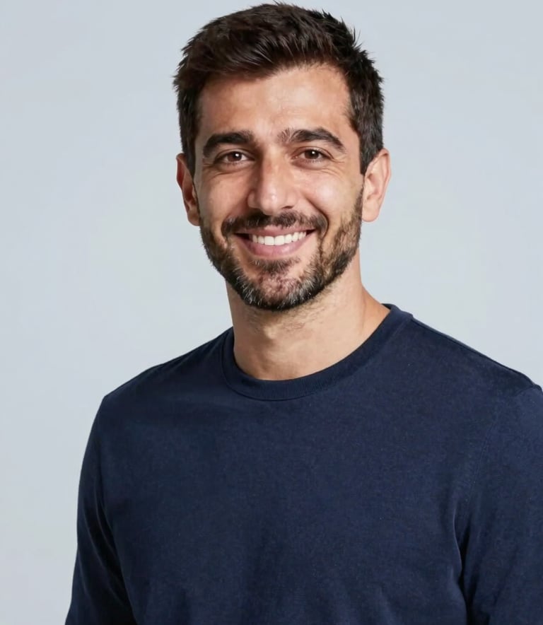 A high-quality, professional portrait of Mustafa ORAN in a minimalist setting. He wears a smart-casual outfit in #1A2C3D navy. The background is a soft #BCCAD6 light blue-gray. The lighting is warm and welcoming, capturing a friendly and trustworthy expression.