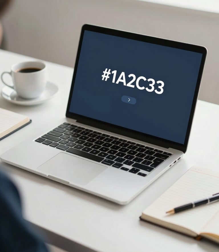 A refined, professional workspace setup with a modern laptop, a notebook, and a coffee cup on a clean white desk. The lighting is soft and natural, emphasizing a calm and focused atmosphere. The color palette incorporates shades of #1A2C3D and #6E7C8B in the accessories, reflecting a professional yet approachable mood.