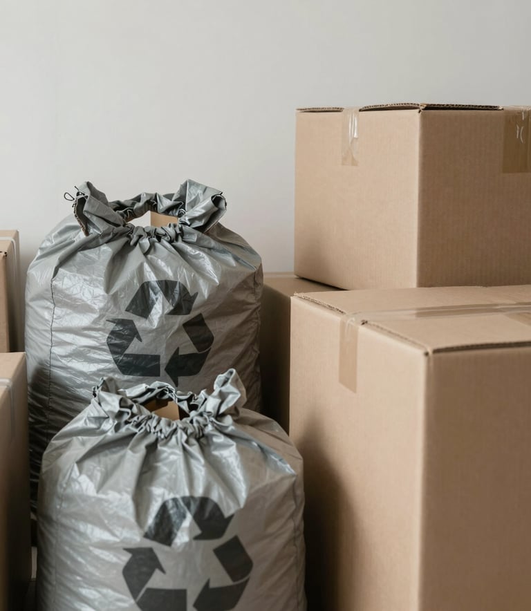 A close-up of a neatly organized collection of cardboard boxes and recycling bags in a clean, empty room in &Icirc;le-de-France, France. The lighting is soft and natural, emphasizing a professional and meticulous sorting process. Minimalist and calm mood with stone gray and beige tones.