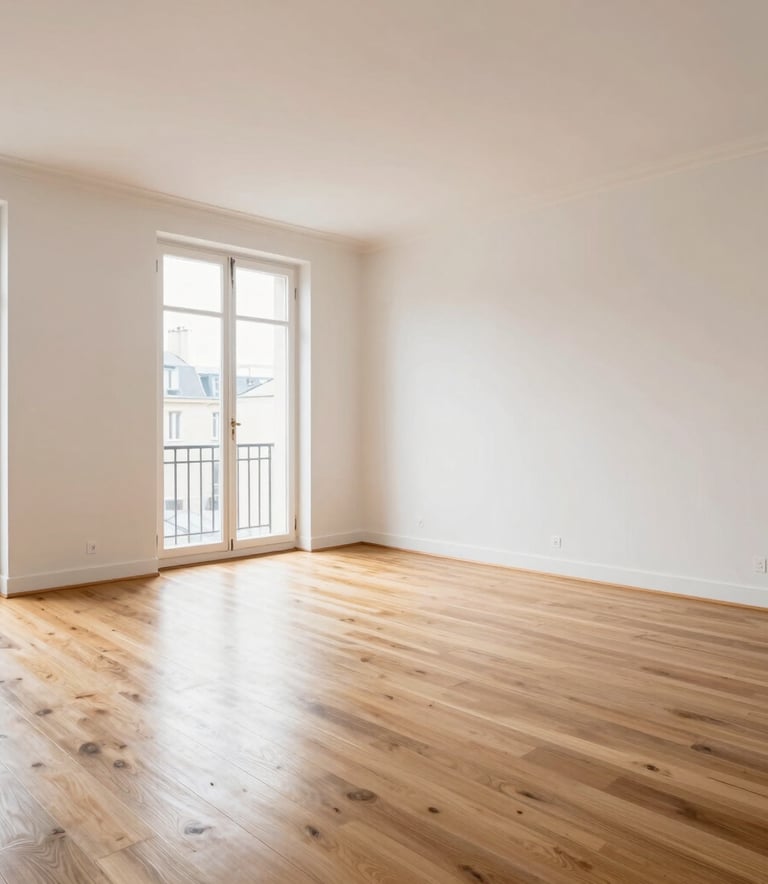 A brightly lit, wide-angle shot of a spacious Parisian apartment interior that has been perfectly cleared and swept clean. The hardwood floors are gleaming, and the empty space feels airy and refreshed. Professional photography style.