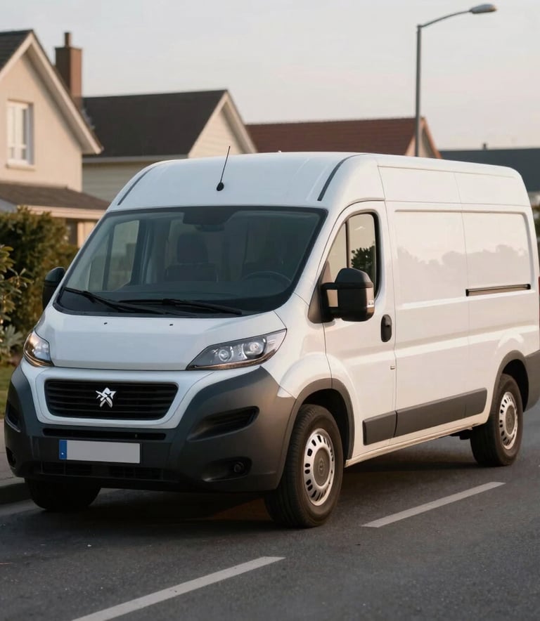 A professional white Peugeot Boxer utility van without license plates, parked on a clean suburban street in Île-de-France, soft morning sunlight, realistic commercial photography style.