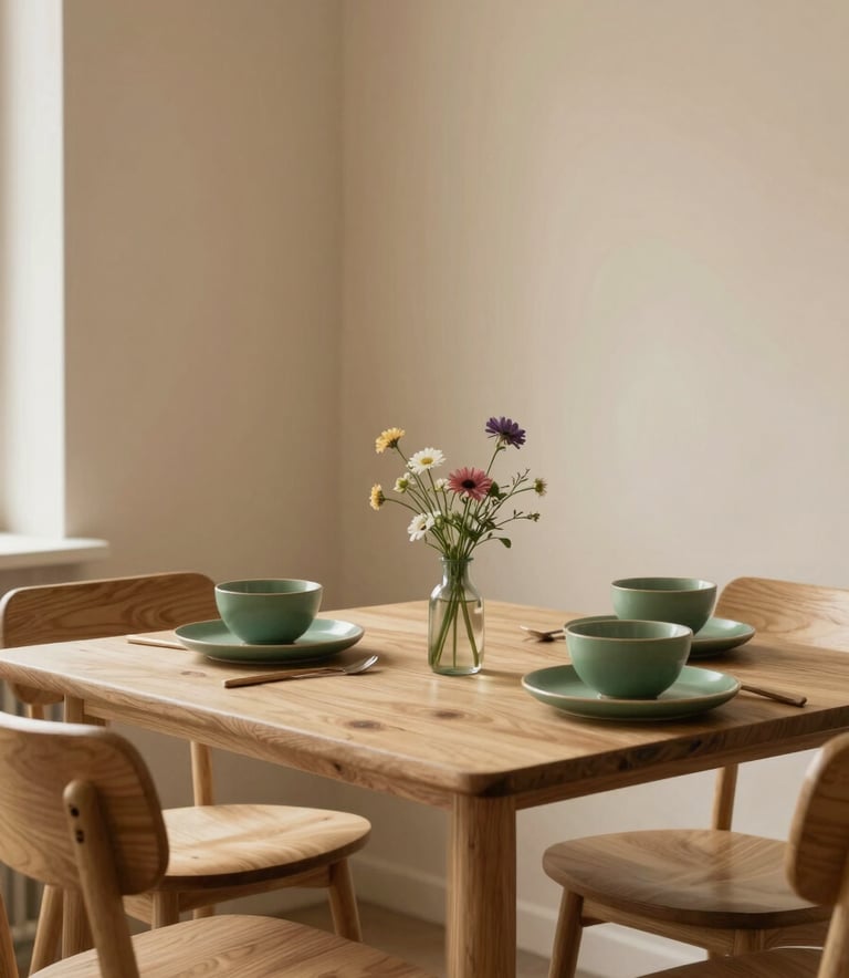 A cozy, Scandinavian-style restaurant interior with minimalist wooden furniture. Soft natural light illuminates a table set with Matte Forest Green ceramics and a small vase of wildflowers. The walls are a warm Crisp Parchment color, creating a serene and inviting atmosphere.
