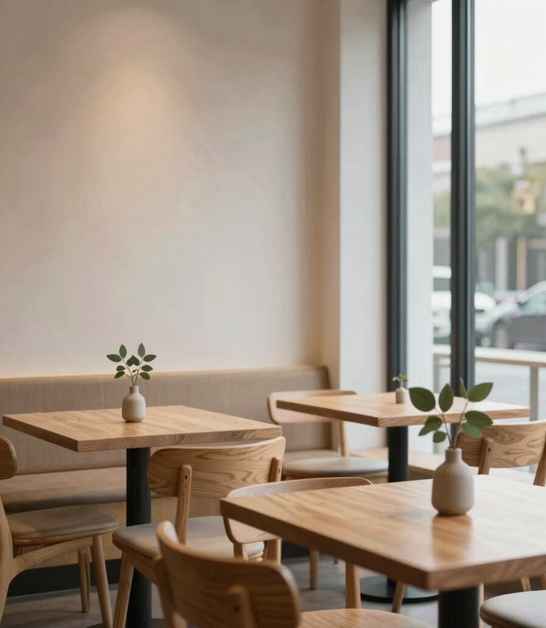 A cozy, minimalist restaurant interior with light wooden furniture, crisp parchment walls, and small vases with matte forest green leaves on the tables. Soft evening light through large windows.