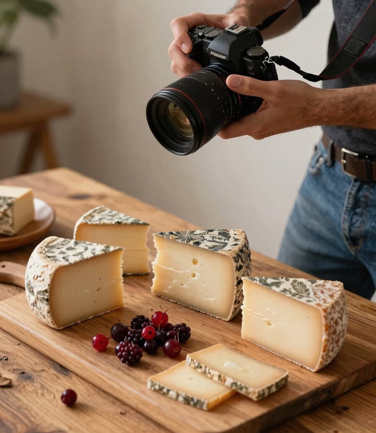 A professional photographer holding a camera, capturing a flat lay of artisanal cheeses and deep ripe crimson berries on a rustic wooden table. Behind-the-scenes agency work vibe with warm, natural lighting.