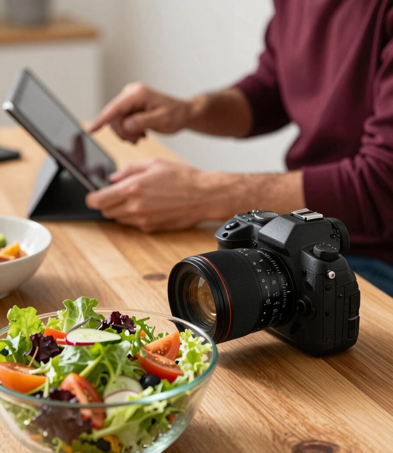 Behind-the-scenes photography of a content creator's workspace. A professional camera is focused on a vibrant salad on a wooden table. In the background, a person in a Deep Ripe Crimson shirt is reviewing shots on a tablet. The lighting is bright and professional.