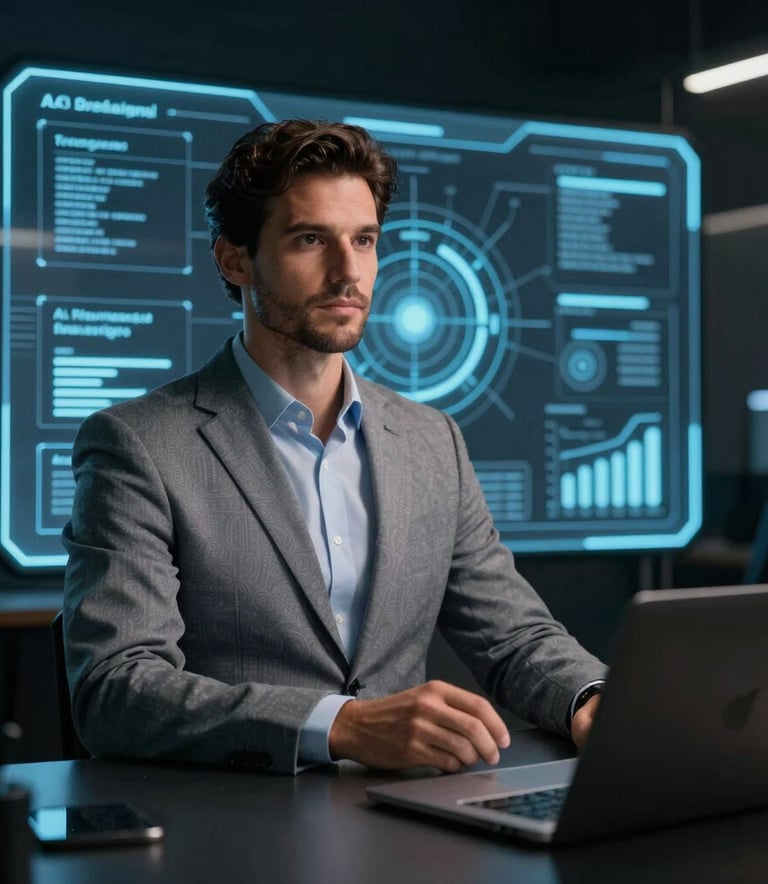 Professional South American Brazilian business person using a sleek, glowing interface in a dark, tech-focused setting, reflecting reliability and innovation in AI solutions.