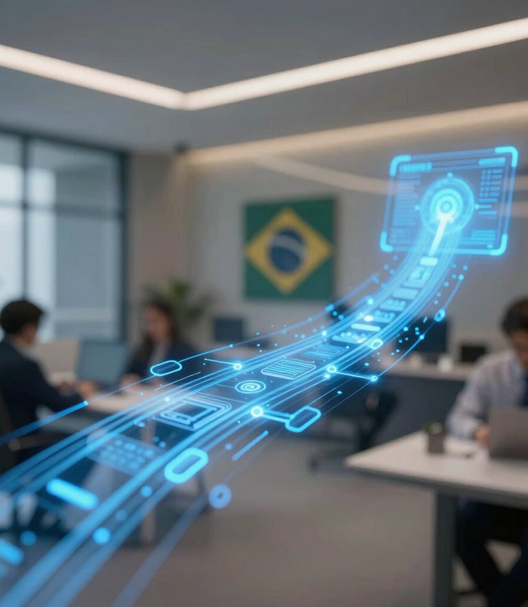 A close-up, high-tech shot of a glowing blue holographic data stream in a modern South American Brazilian business environment, representing seamless process automation and speed.