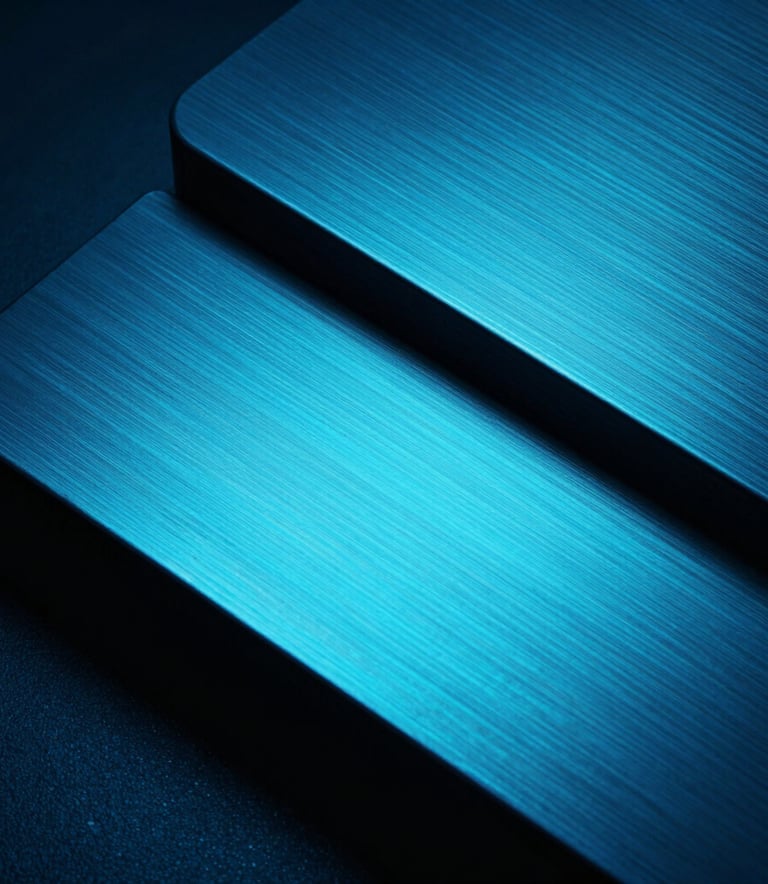 Macro photography of a sleek, brushed metal surface reflecting electric cyan light in a dark blue environment. The composition is abstract and futuristic, emphasizing high-end hardware and advanced technology with deep black shadows. Professional architectural photography style.