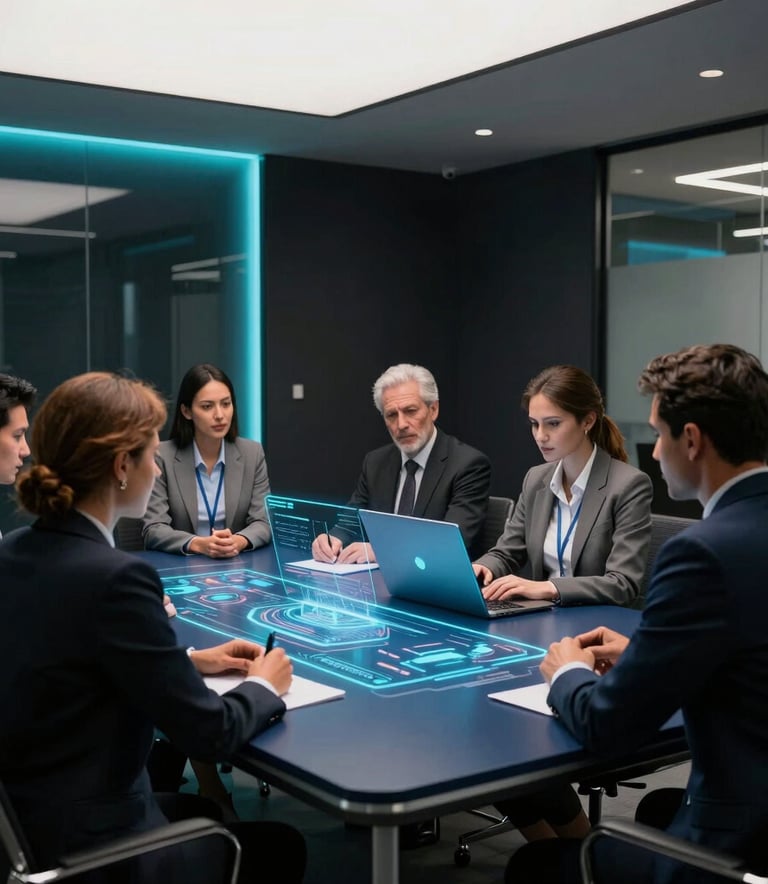 A professional South American office setting in a modern building. A group of diverse professionals is gathered around a sleek, dark blue table with holographic interfaces. The room is lit with electric cyan accents against deep black walls. High-end professional photography style.