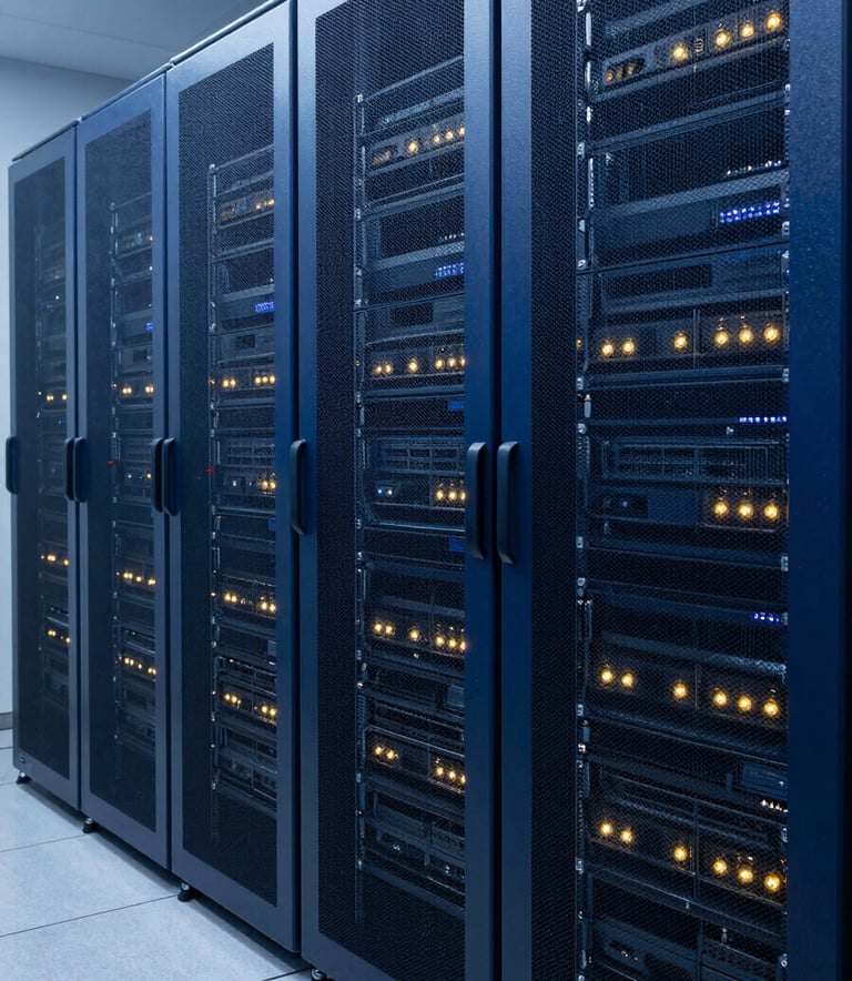 Professional photography of a high-security server room with rows of deep blue racks. Subtle golden light glows from status indicators. The composition is clean and geometric, representing advanced Microsoft security. South American corporate setting.