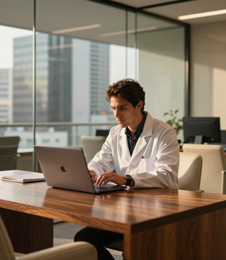 A professional Brazilian data scientist in a modern glass-walled office in São Paulo, examining a laptop. Warm golden light filters through the space, highlighting mahogany textures and cream-colored furniture.
