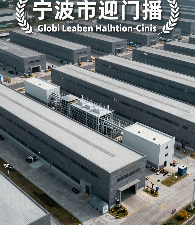 A high-angle view of a modern logistics hub and manufacturing plant in Ningbo. The scene is clean and efficient, featuring slate grey architecture and bright white lighting, reflecting a professional global supply chain environment.