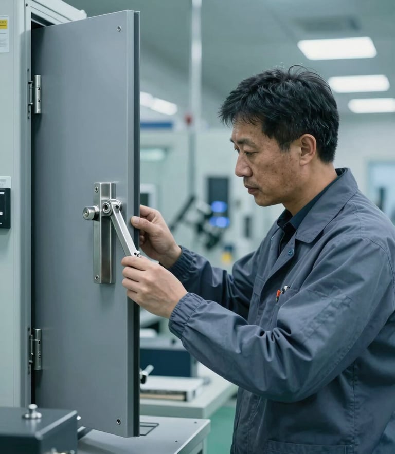 A professional quality control inspector in a clean, modern manufacturing facility in Hebei, examining stainless steel door hardware under bright, cool-toned lighting. The scene features soft blue and slate grey tones.