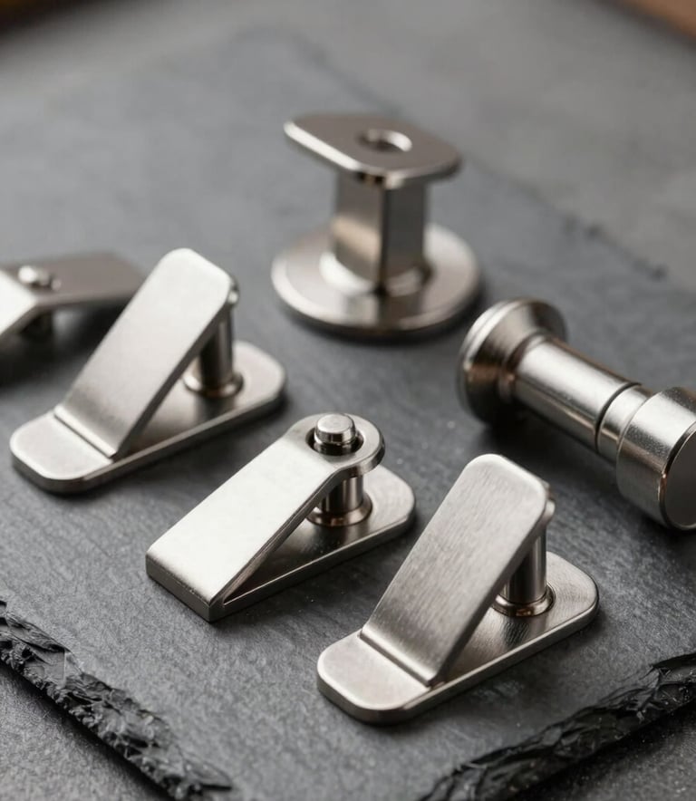 Close-up, catalog-style photography of premium stainless steel door stoppers and hardware, arranged neatly on a slate grey surface with soft, professional studio lighting.