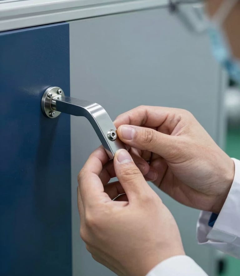 A sharp, professional close-up of a quality control inspector in a clean manufacturing facility, examining a sleek metallic door stopper. The lighting is bright and modern, with a palette of navy blue and slate grey in the background.