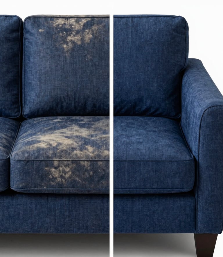 A split-screen style photograph of a fabric sofa. The left half is heavily stained and dusty, while the right half is perfectly clean, vibrant, and restored to its original navy blue color. Clean, sharp lines between the sections, professional studio lighting.