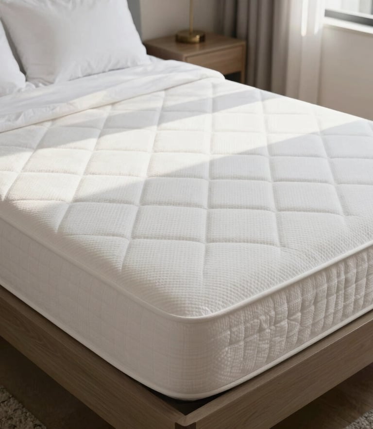 A professional high-angle photograph of a clean, white mattress in a modern, sun-drenched South American bedroom. The mattress looks pristine and sanitized, with crisp linen sheets nearby. The lighting is bright and airy, emphasizing a sense of hygiene and freshness.