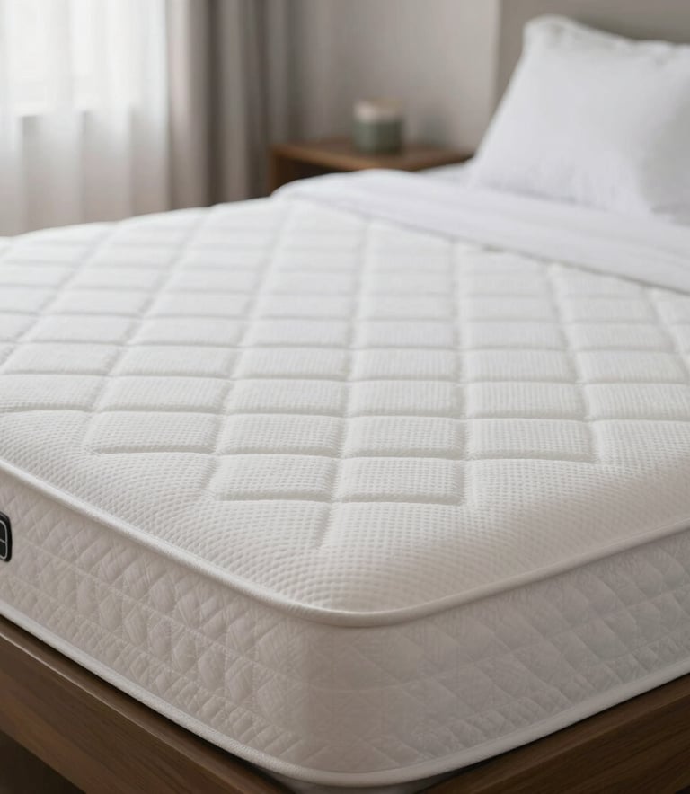 A high-quality photo of a pristine, freshly cleaned white mattress in a bright, sunlit South American bedroom. The environment is minimalist and perfectly organized, conveying a sense of hygiene and freshness. Soft natural light, professional photography.