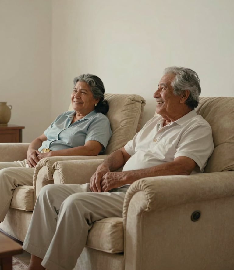 A warm and inviting photo of a South American elderly couple smiling and relaxing in plush, clean fabric armchairs in a tidy, sunlit living room. The focus is on comfort and the cleanliness of the upholstery. Minimalist South American interior design.