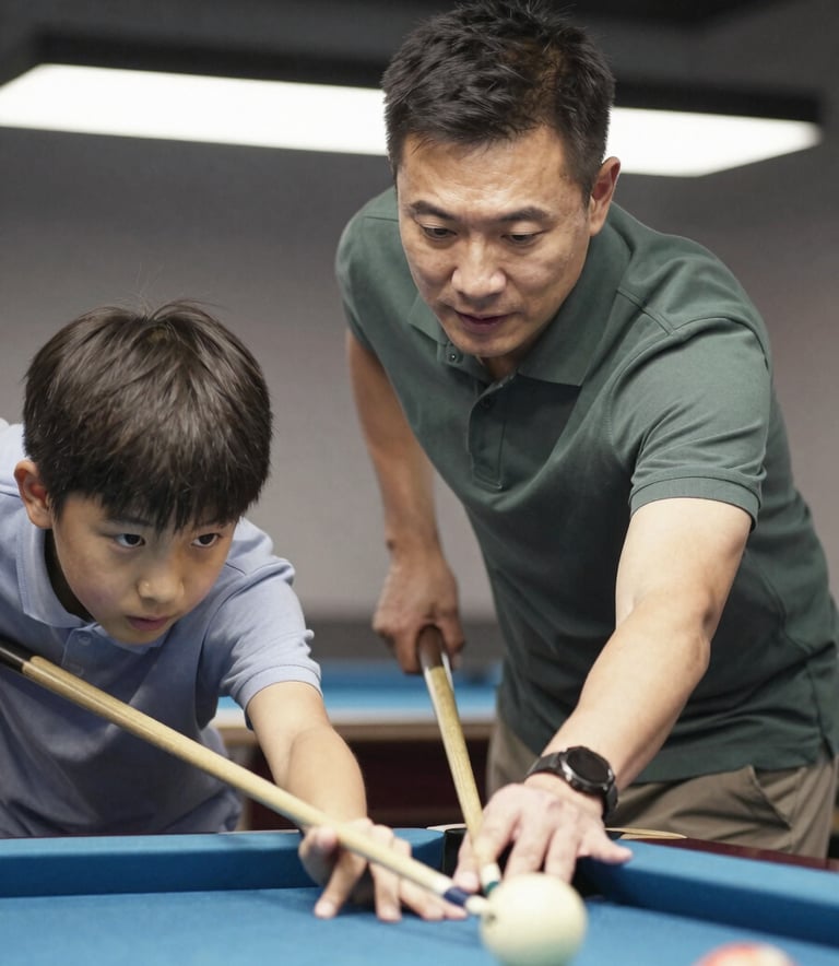A professional mentor in a dark slate green polo shirt teaching a young student how to line up a shot on a billiard table. The lighting is bright and inviting, showcasing a positive learning environment.
