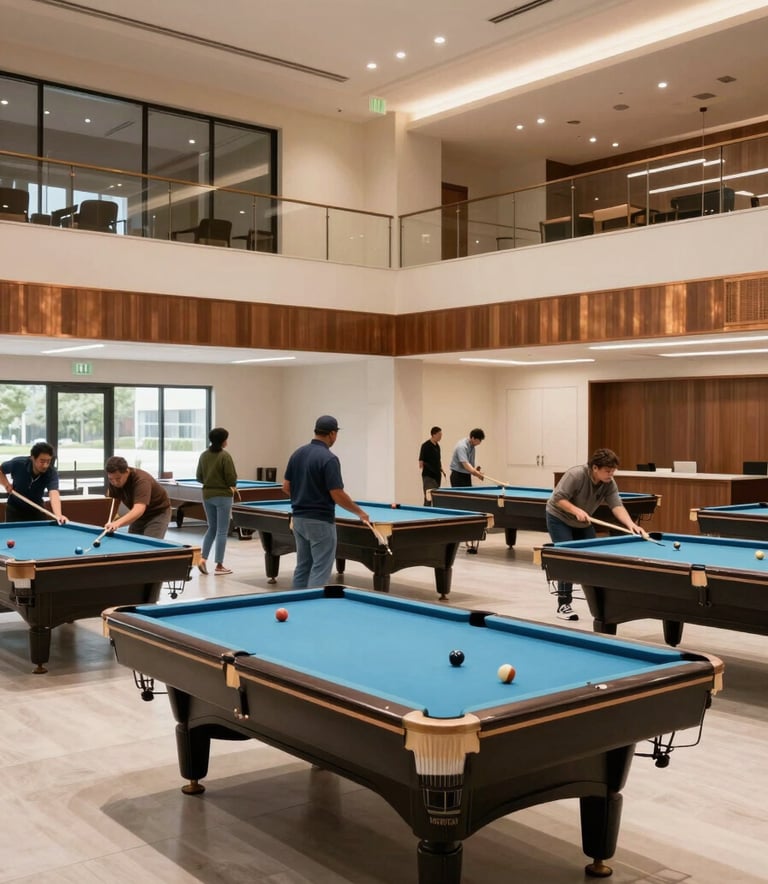 A wide-angle interior photograph of a modern, sophisticated community hall in Alpharetta, Georgia. Diverse community members are seen engaging in friendly billiards matches in a bright, inviting space with soft cream walls and warm bronze accents.