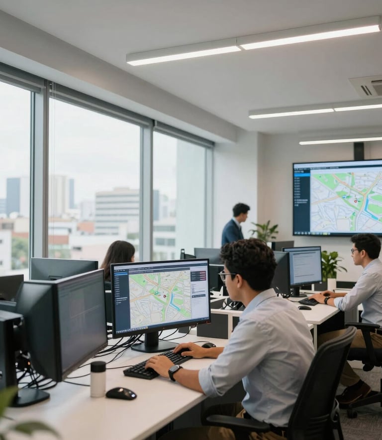A modern and clean interior of a logistics management office in São Paulo, featuring large windows, digital screens showing maps, and professional South American staff collaborating at workstations, lighting is bright and airy.