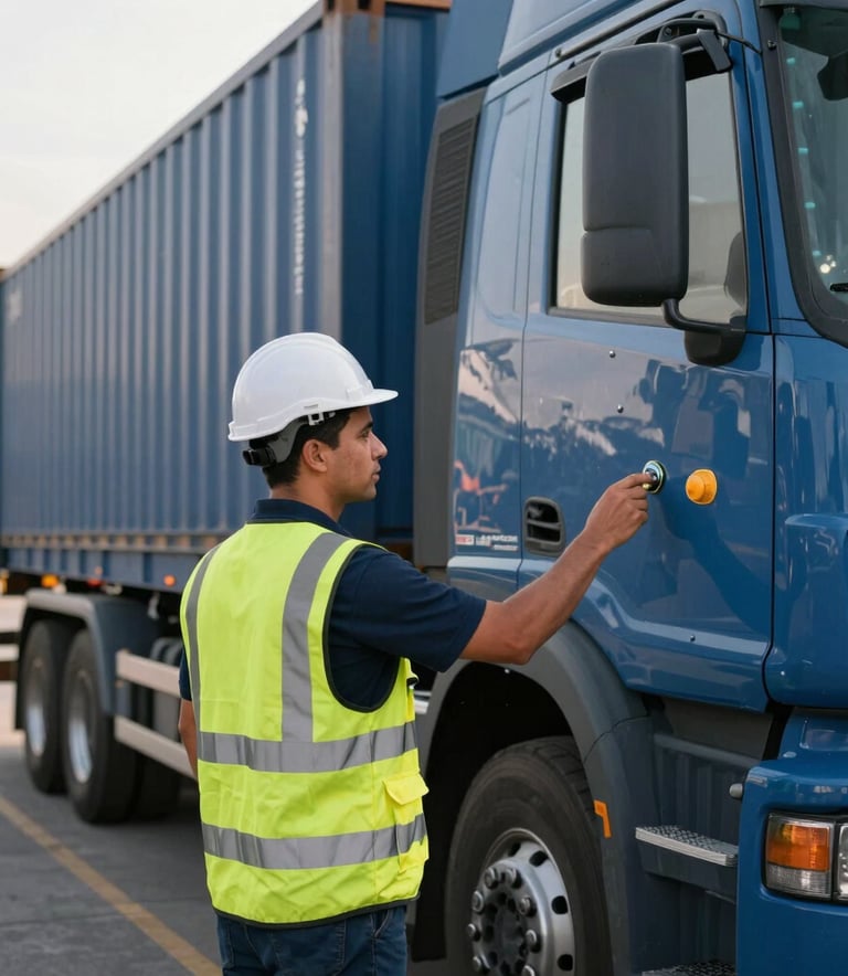 A professional safety inspector in a high-visibility vest checking the safety seals on a heavy transport vehicle at a modern Brazilian logistics terminal, clean composition, soft morning light, deep blue and slate blue tones.