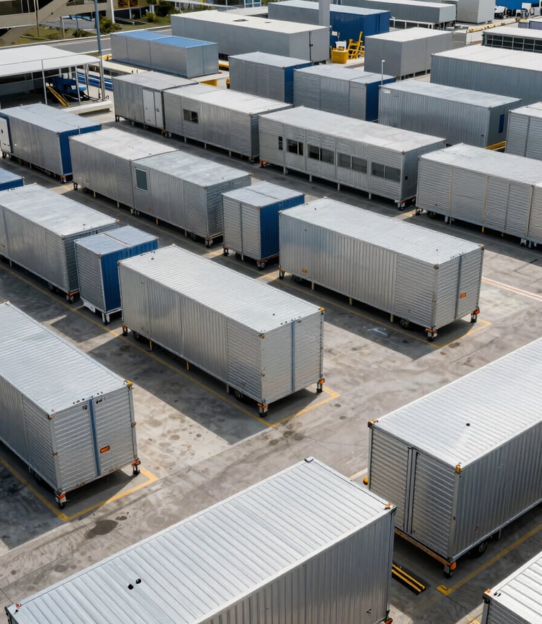 A wide shot of a modern, organized logistics distribution center in Brazil. Silver and blue metallic structures, bright daylight, and a sense of vast, efficient space. Clean and professional photography style.