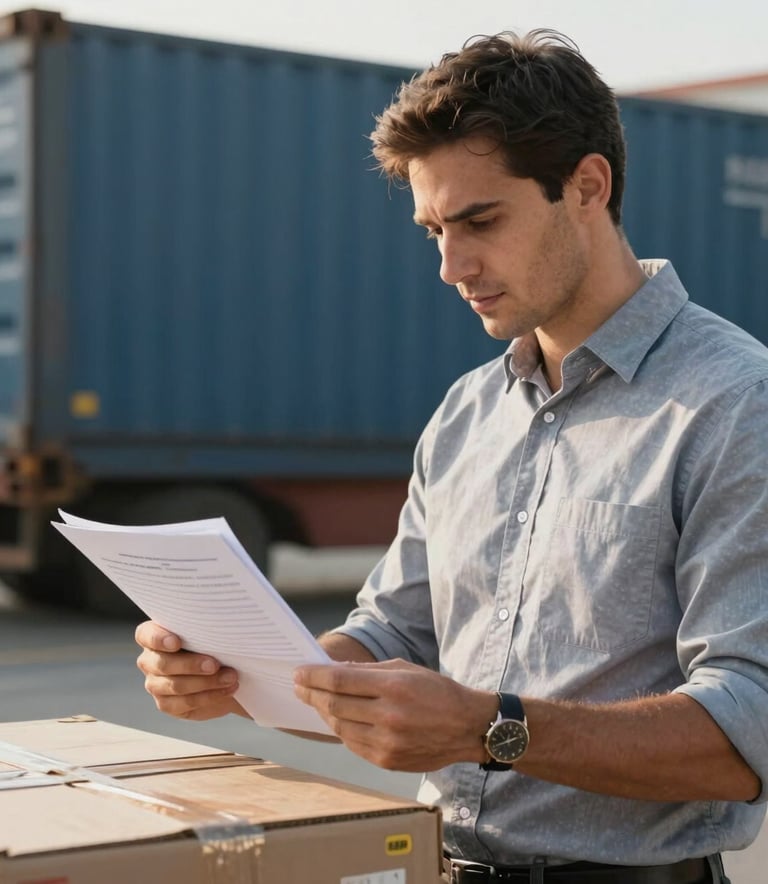 Detailed shot of a professional logistics manager in smart casual attire inspecting cargo documents at a South American terminal. Warm natural light, shallow depth of field with a clean freight warehouse background using muted blue and grey tones.