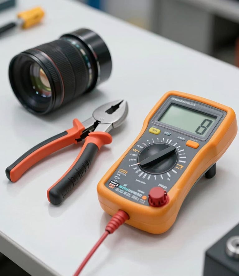 A professional set of repair tools and a modern digital multimeter placed neatly on a clean white surface in a well-lit workshop, reflecting technical expertise and reliability.