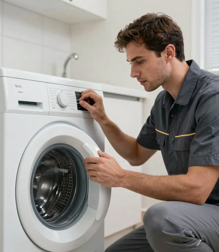 A professional repair technician in a neat uniform confidently diagnosing a front-loading washing machine in a contemporary Middle Eastern / Gulf residence.