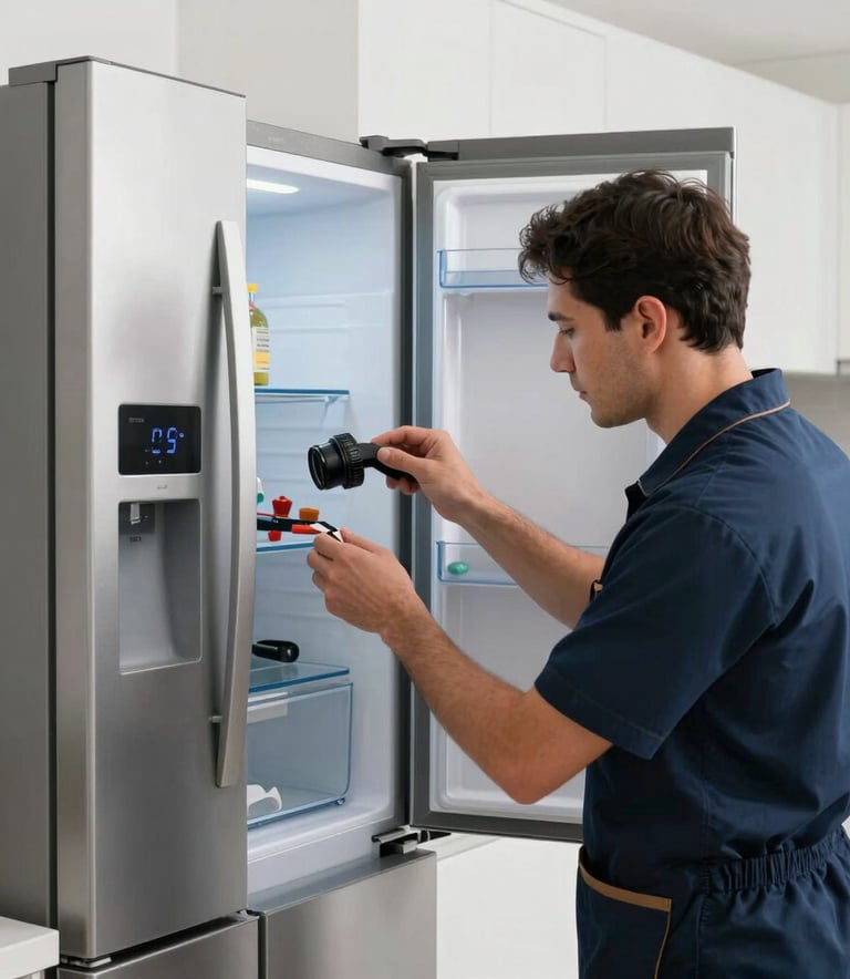 A professional technician in a clean uniform repairing a large modern refrigerator in a sleek Middle Eastern kitchen in Dubai, with soft white lighting and a clean, organized composition.