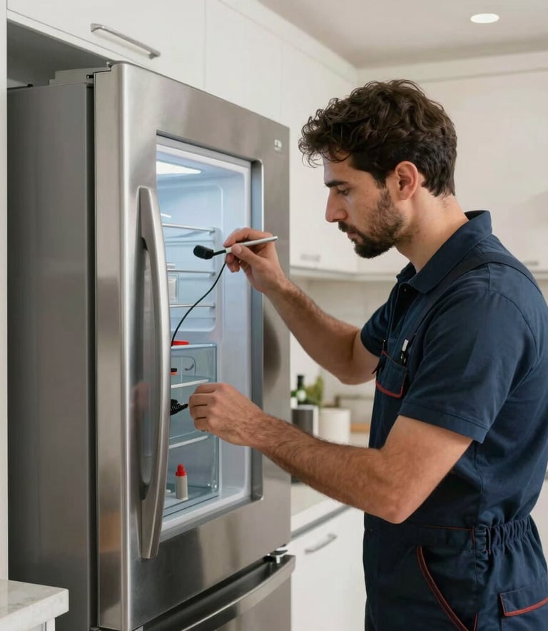 A well-equipped, professional technician repairing a modern stainless steel refrigerator in a well-lit Middle Eastern / Gulf home kitchen, conveying reliability and expertise.
