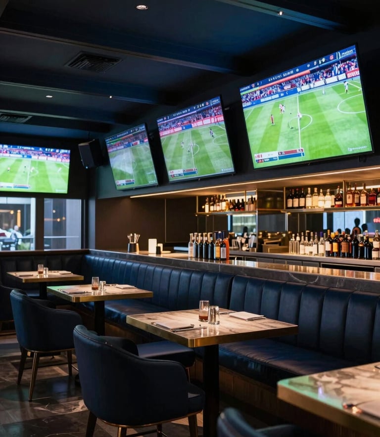 A wide shot of a modern, luxurious sports bar with multiple large screens displaying various international football matches, sophisticated furniture, elegant lighting in dark navy and steel blue, Southeast Asian / Vietnamese context.