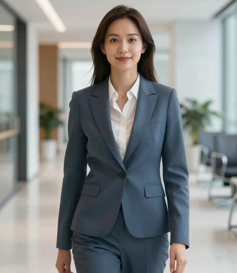 A professional woman in business attire standing in a modern, brightly lit office hallway, looking confident and helpful, incorporating brand colors #F8F5EF and #4B6B60 in the environment.