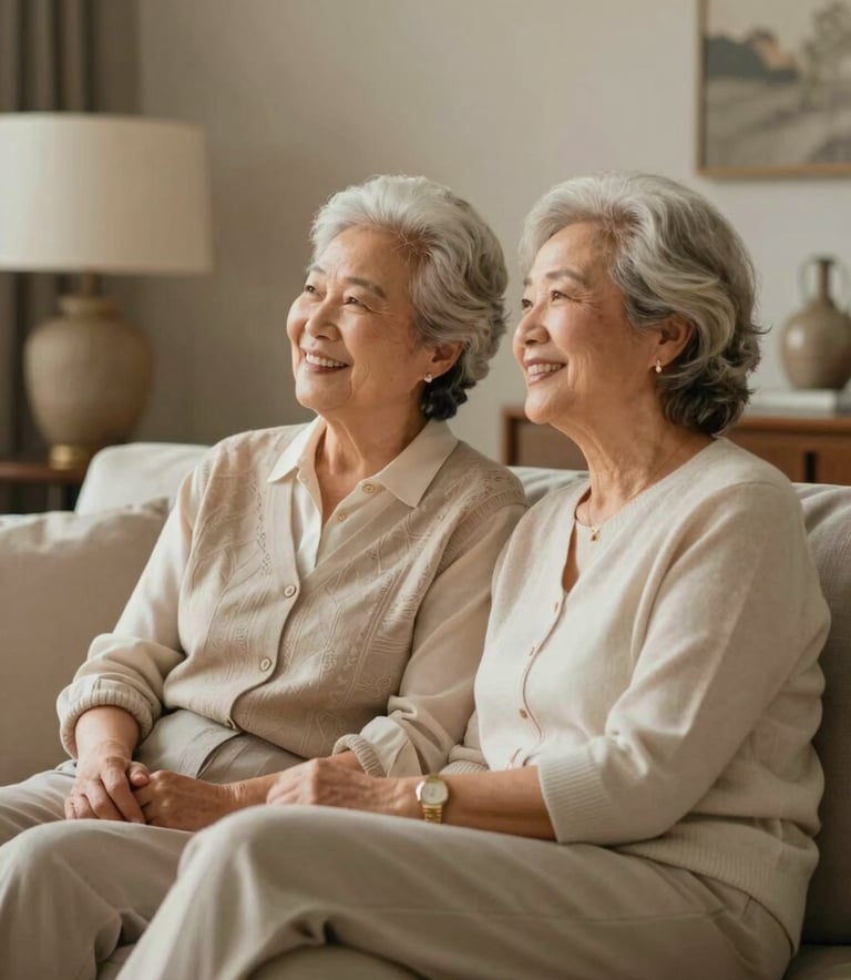 A happy senior couple in a high-end living room, looking relaxed and financially secure, soft warm lighting with accents of #C7B090.