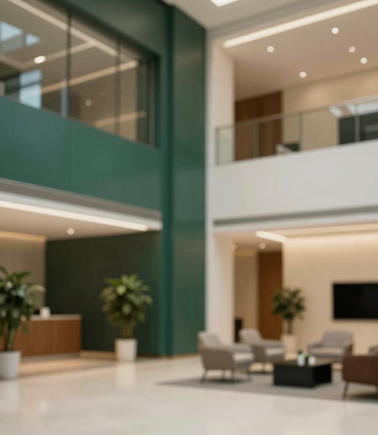 A high-end, modern corporate lobby with clean architectural lines, featuring deep greens and warm beige tones. The atmosphere is professional and sophisticated, emphasizing trust and stability, in the style of contemporary financial institutions.