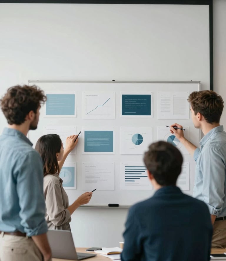 A professional creative team in a modern studio, collaborating over a physical mood board with strategic clarity. The atmosphere is sophisticated and insightful, with natural lighting. The scene features subtle elements in #4B6587 and #A8BECD.