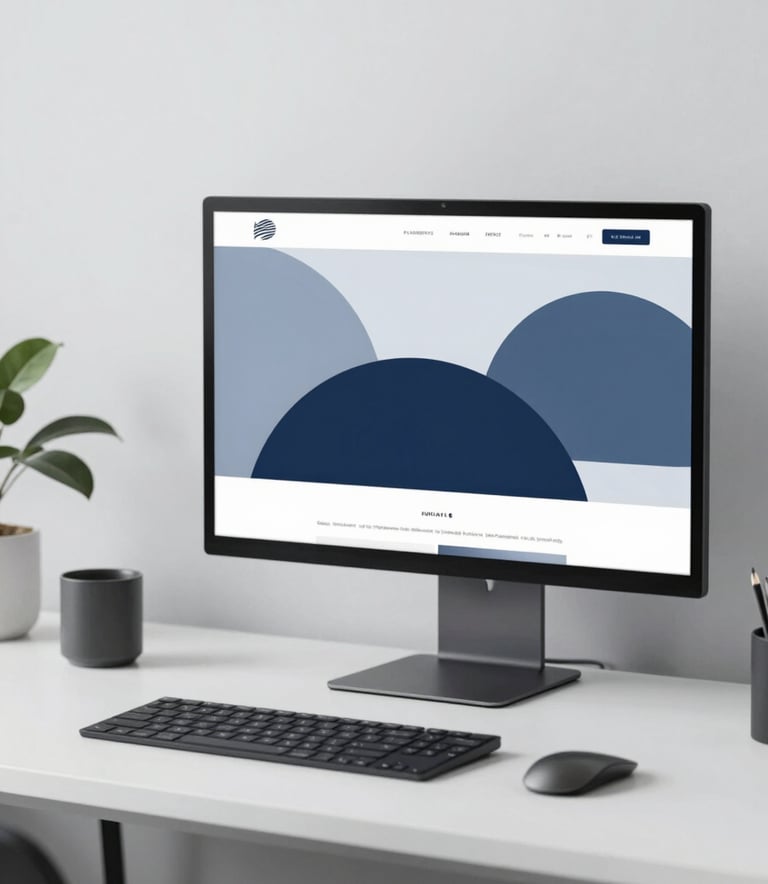 A high-end minimalist desk setup with a sleek monitor displaying abstract modern graphic design. The aesthetic is professional and elegant, incorporating a palette of #1C2E46 and #A8BECD in the workspace decor.