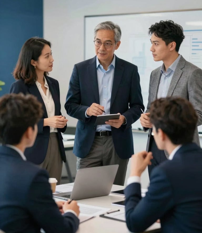 A collaborative team of diverse professionals in a high-end studio discussing marketing trends, candid and professional, sophisticated lighting with #1C2E46 accents.
