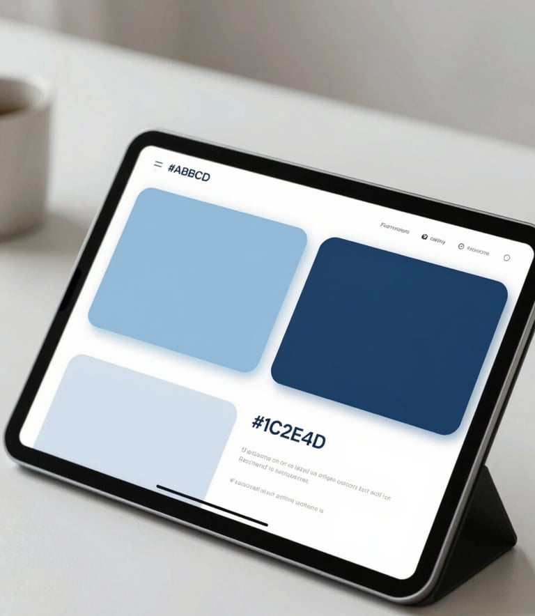 A close-up of a high-end digital tablet displaying a sophisticated brand identity design, minimalist desk environment, soft natural lighting, incorporating #A8BECD and #1C2E46 colors.