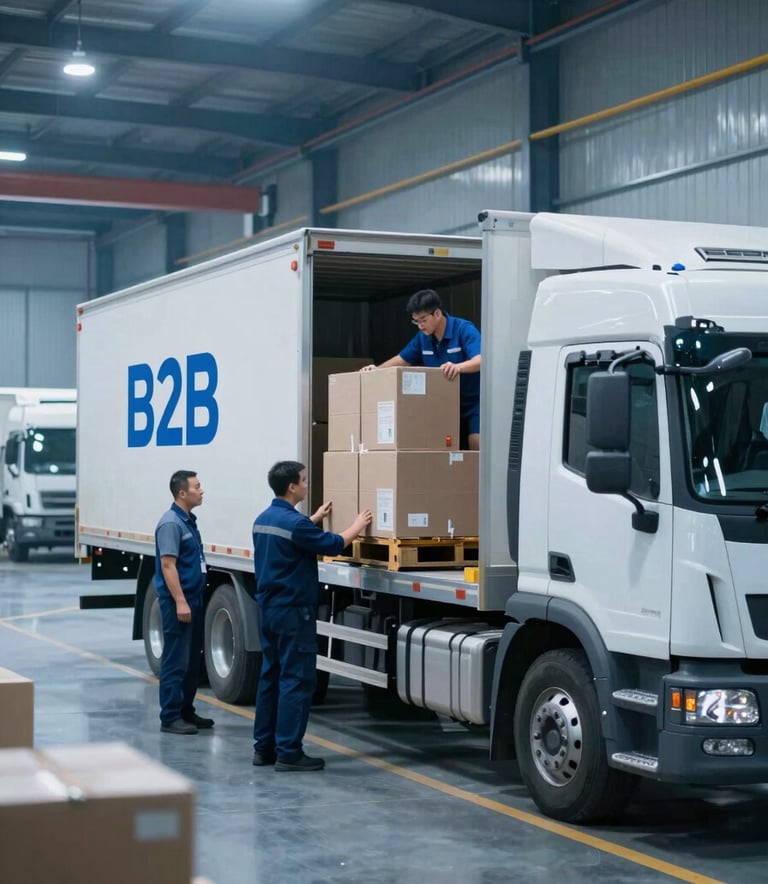 A high-tech industrial warehouse where a professional team is efficiently loading goods onto a modern truck. The lighting is bright and clear, with blue highlights (#3D5C7A) emphasizing a B2B corporate environment.