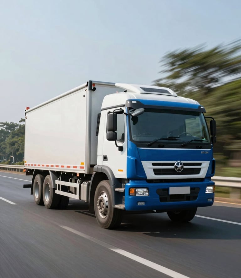 A high-speed action shot of a blue and white heavy-duty truck driving on an Indian expressway. The motion blur on the road indicates fast delivery. The lighting is crisp and modern, featuring corporate tones of #0B1B2B and #3D5C7A.